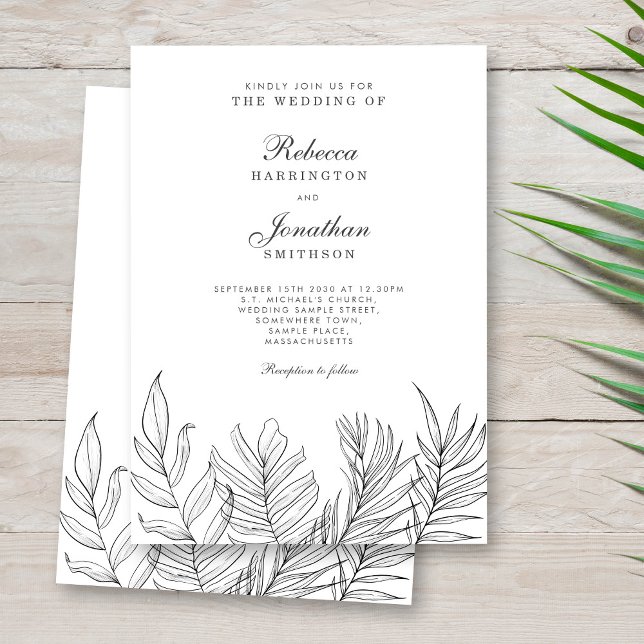 Invitation Mariage blanc noir feuille tropicale (Créateur téléchargé)