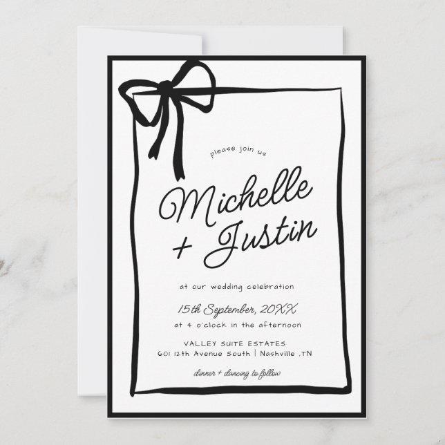 Invitation Mariage blanc noir noir blanc à ruban (Devant)