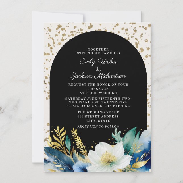 Invitation Mariage Blanc Or Navy Floral Arché Paillettes (Devant)