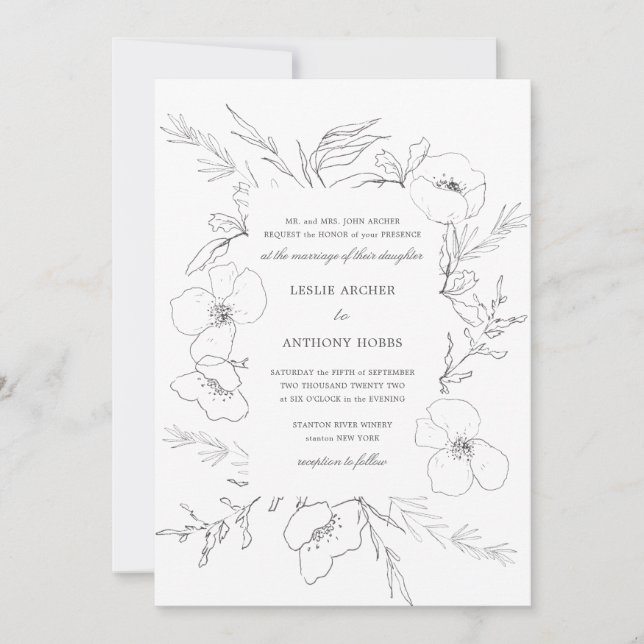 Invitation Mariage blanc Peony esquissé à la main (Devant)