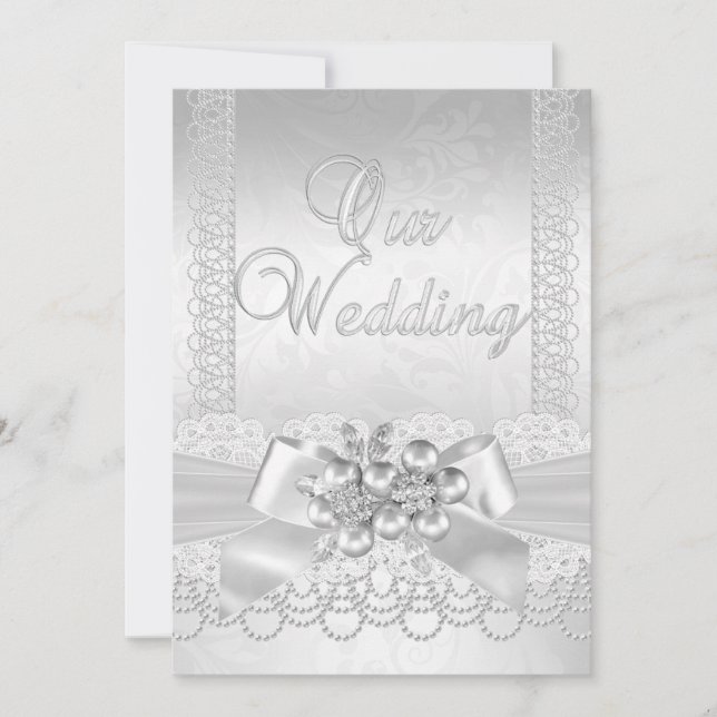 Invitation Mariage Blanc Perle d'Argent Broderie Dentelle Dia (Devant)