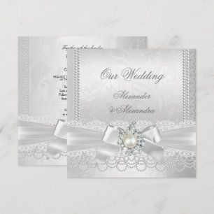 Invitation Mariage Blanc Perle Dentelle Damassé Diamant Argen