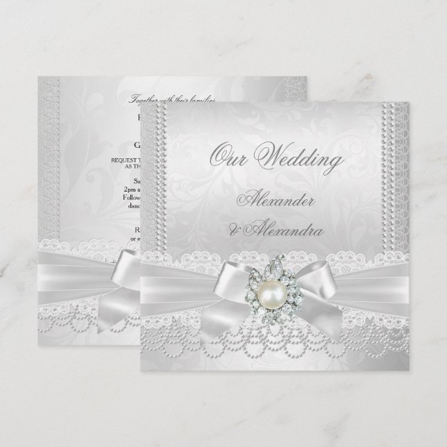 Invitation Mariage Blanc Perle Dentelle Damassé Diamant Argen (Devant / Derrière)