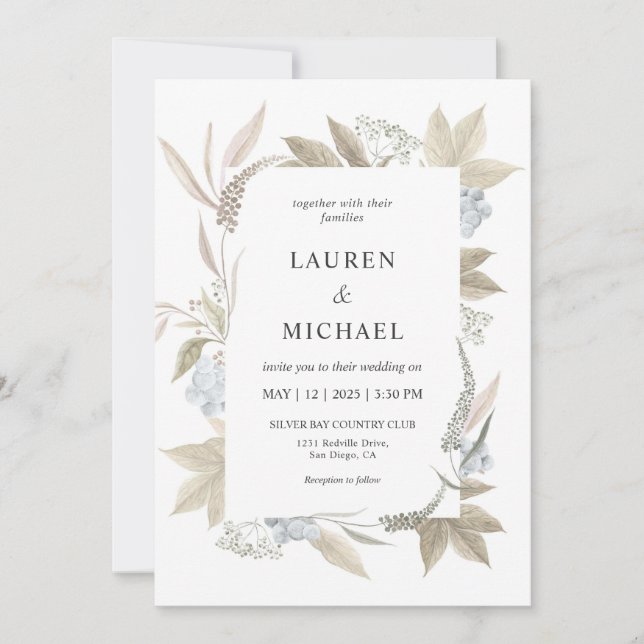 Invitation Mariage blanc personnalisé blanc feuille bleu Berr (Devant)