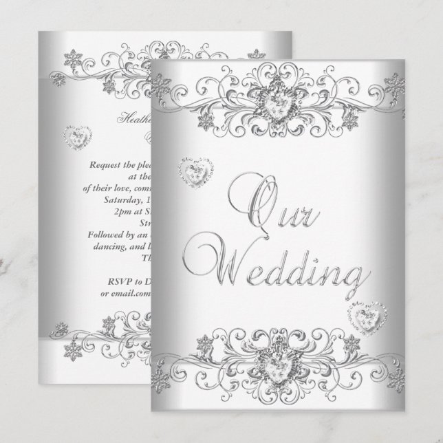 Invitation Mariage Blanc Pur Cœurs en Diamant Argent (Devant / Derrière)