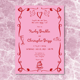 Invitation Mariage blanc rétro main dessinée rose rouge