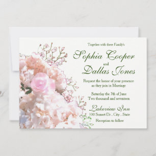 Invitation Mariage blanc romantique hortensias roses roses