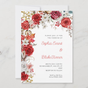 Invitation Mariage blanc romantique rouge et Rose blanc