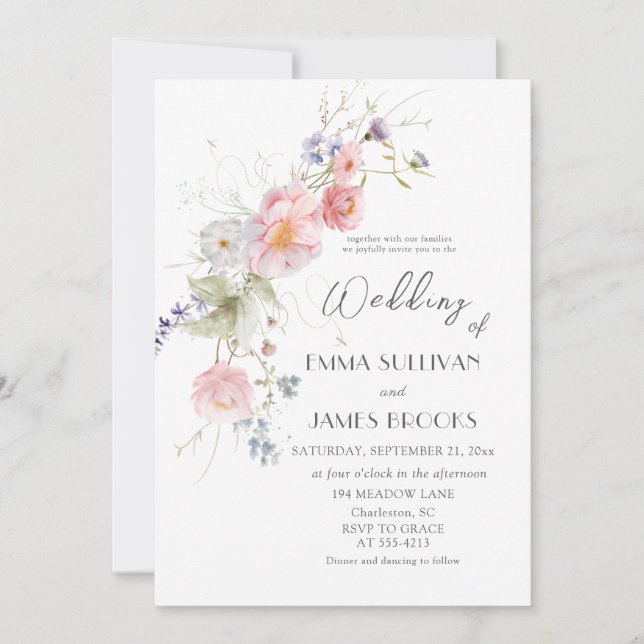 Invitation Mariage blanc rose Fleur sauvage (Devant)