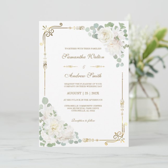 Invitation Mariage Blanc Rose Sauge Vert Or (Debout devant)
