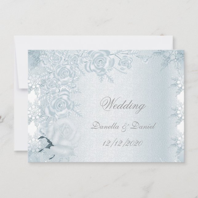 Invitation Mariage Blanc Roses Bleues Argent Flocons de Neige (Devant)