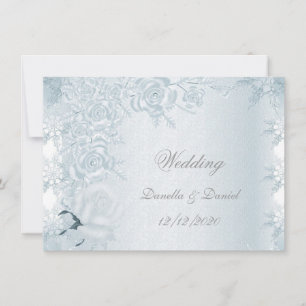 Invitation Mariage Blanc Roses Bleues Argent Flocons de Neige