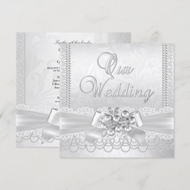 Invitation Mariage Blanc Silver Pearl Lace Damask Diamond (Devant / Derrière)