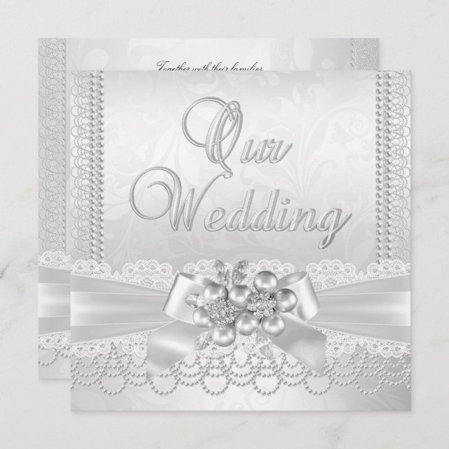 Invitation Mariage Blanc Silver Pearl Lace Damask Diamond (Devant / Derrière)