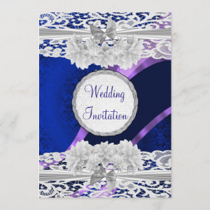Invitation Mariage blanc vintage de dentelle de bleu marine