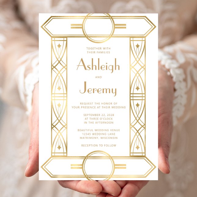 Invitation Mariage blanc Vintage déco or (Créateur téléchargé)