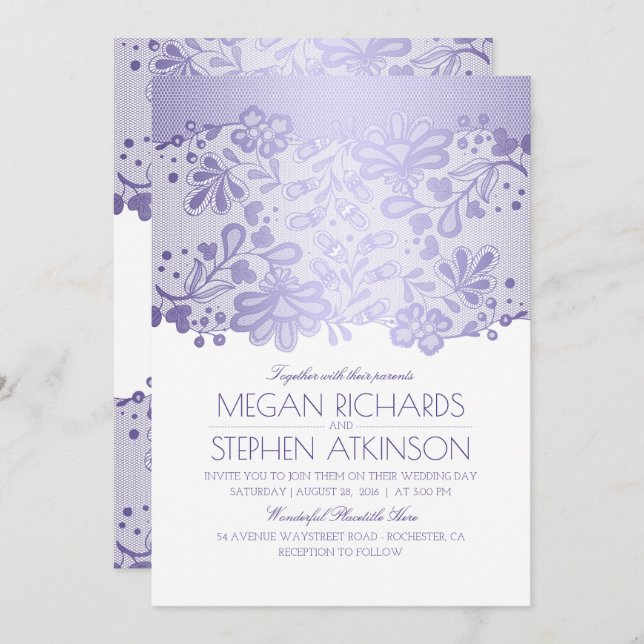 Invitation Mariage blanc Vintage élégant Lavender Purple Lace (Devant / Derrière)