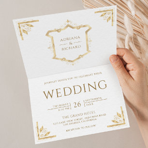 Invitation Mariage Blanc Vintage Gold Crest Code QR