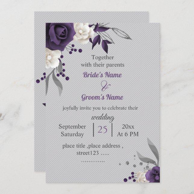Invitation Mariage blanc violet foncé (Devant / Derrière)