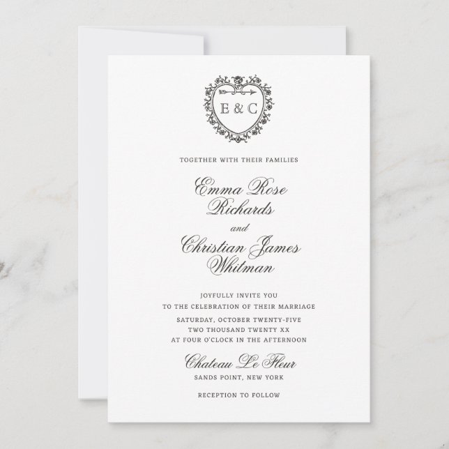 Invitation Mariage Blason de Monogramme Vintage Romantique (Devant)