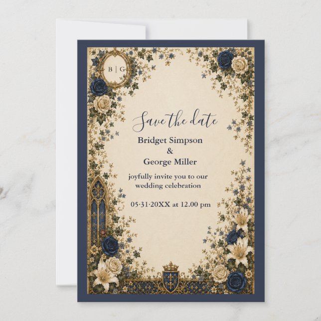 Invitation Mariage Blason Monogramme Gothique Royal Médiéval (Devant)
