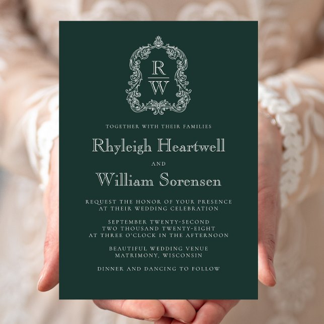 Invitation Mariage Blason Monogramme Vert Forêt Classique (Créateur téléchargé)