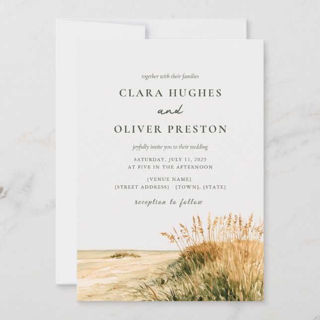Invitation Mariage Blé Doré Sauge Script Oats Côte  (Devant)