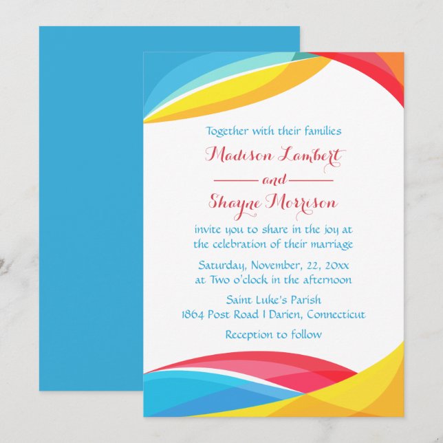 Invitation Mariage bleu Abstrait arc-en-ciel vague rouge et j (Devant / Derrière)