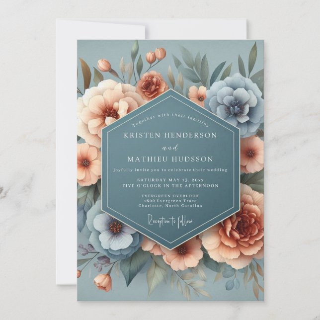 Invitation Mariage Bleu Ardoise et Fleur d'Abricot (Devant)
