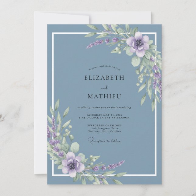 Invitation Mariage Bleu Ardoise Sérénité Lavande (Devant)
