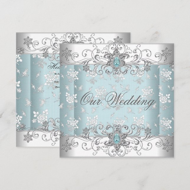 Invitation Mariage Bleu Argent Blanc Diamant Broderie (Devant / Derrière)