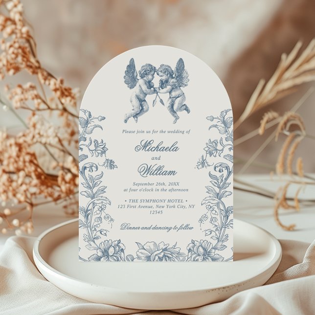 Invitation Mariage bleu aux chérubins et fleurs style Rococo  (Créateur téléchargé)