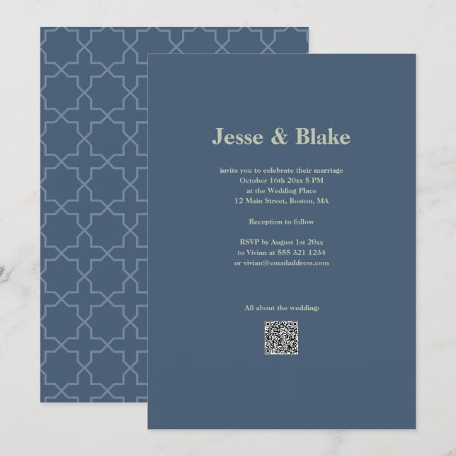 Invitation Mariage bleu avec Motif en lattes (Devant / Derrière)