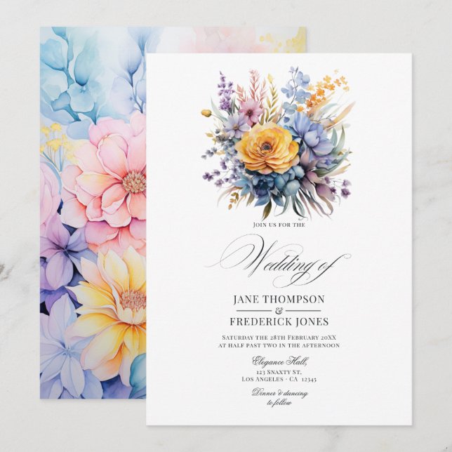 Invitation Mariage Bleu Bébé, Jaune Crème, Rose Pastel (Devant / Derrière)