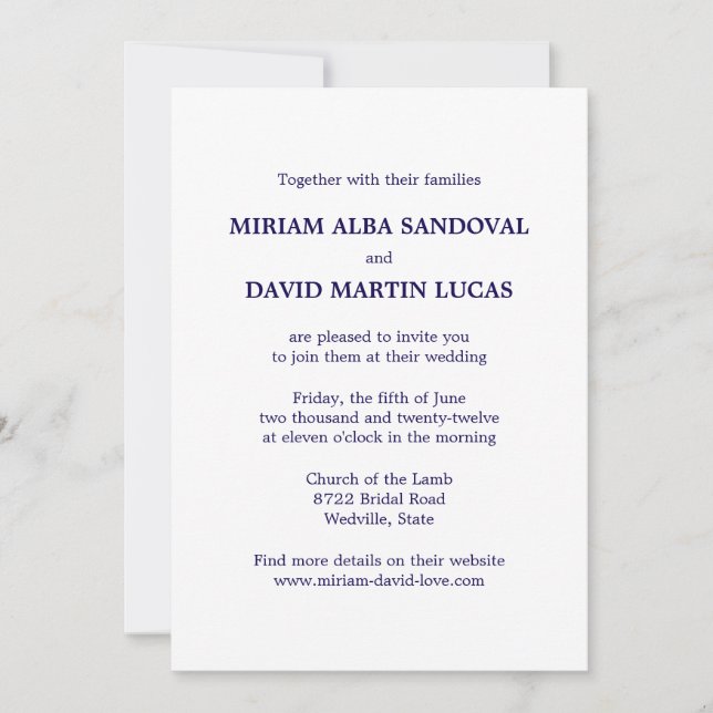 Invitation Mariage bleu bilingue minimaliste (Devant)
