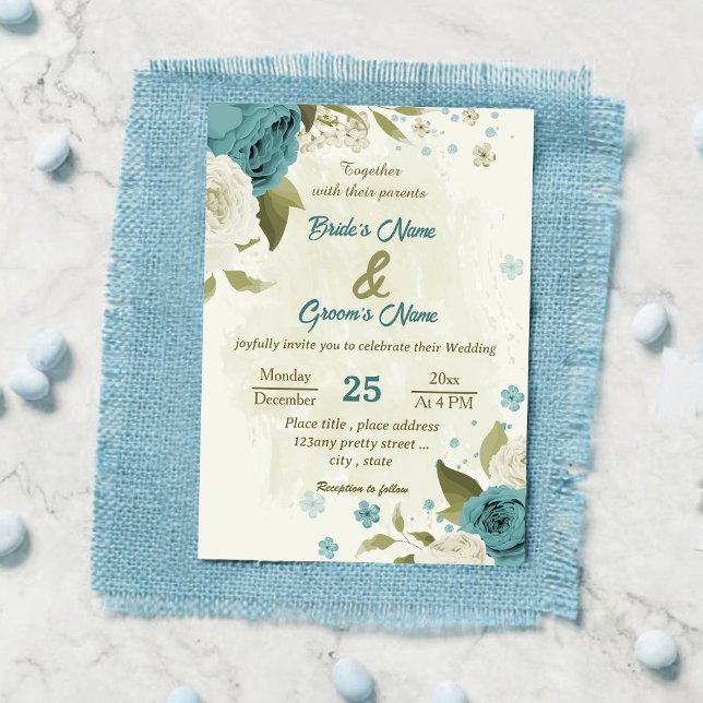 Invitation mariage bleu blanc fleurs verdure (Créateur téléchargé)