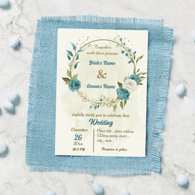 Invitation mariage bleu blanc fleurs verdure (Créateur téléchargé)