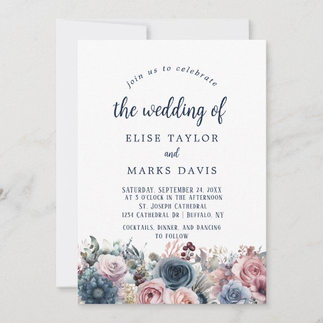 Invitation Mariage bleu bleu bleu bleu rose Roses (Devant)