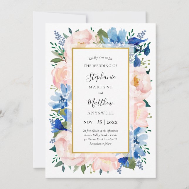 Invitation Mariage bleu bleu rose floral or (Devant)
