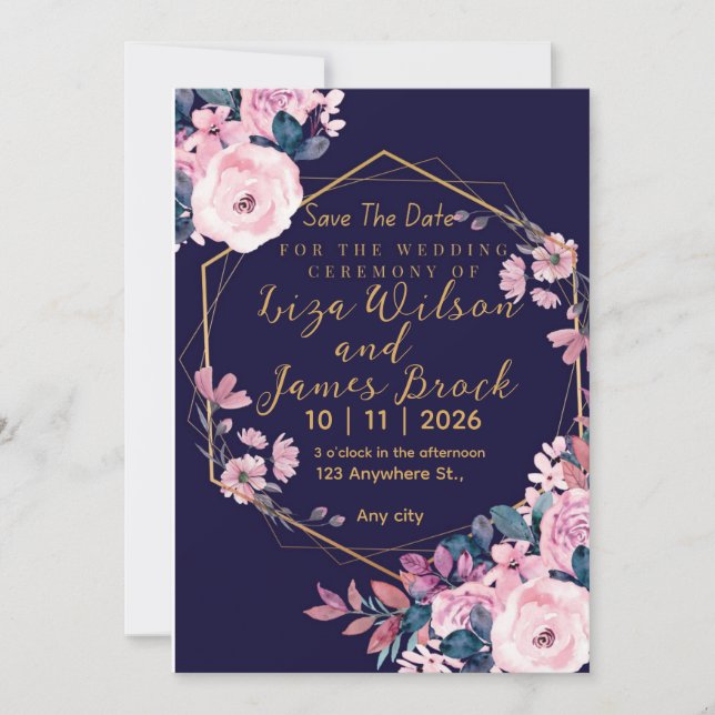 Invitation Mariage bleu Bourgogne Navy Or Rose Blush Rose  (Devant)