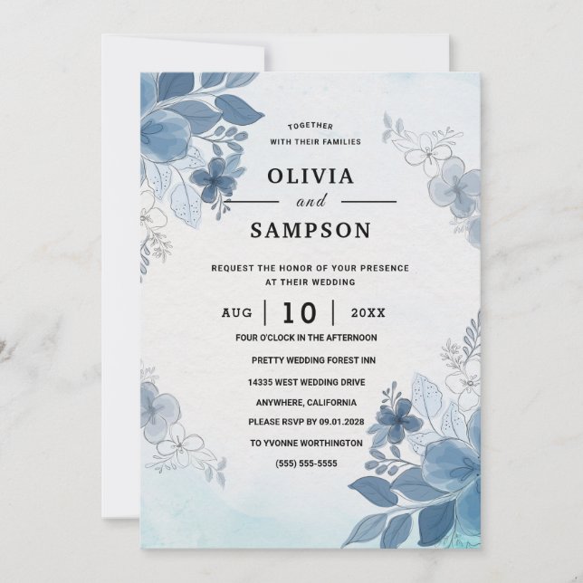 Invitation Mariage bleu Bourgogne or rose poudré (Devant)