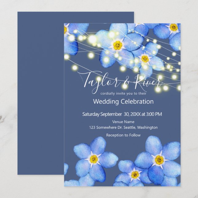 Invitation Mariage Bleu Campagnard Forget-Me-Nots (Devant / Derrière)