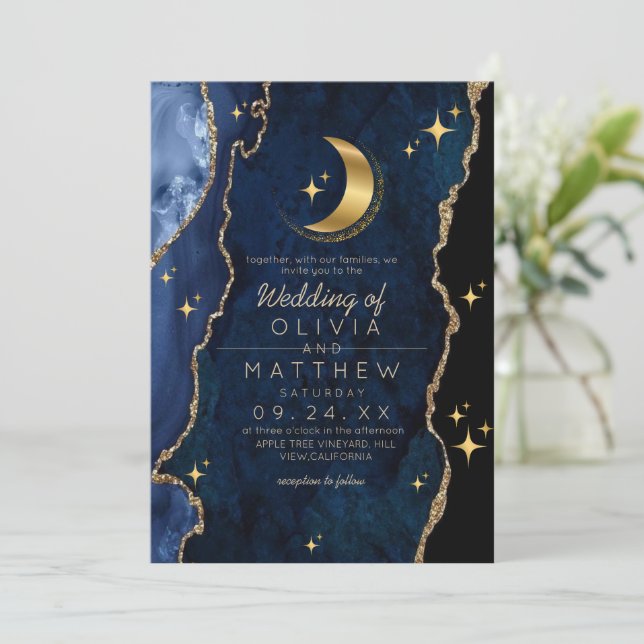 Invitation Mariage bleu céleste de minuit étoiles Lune (Debout devant)