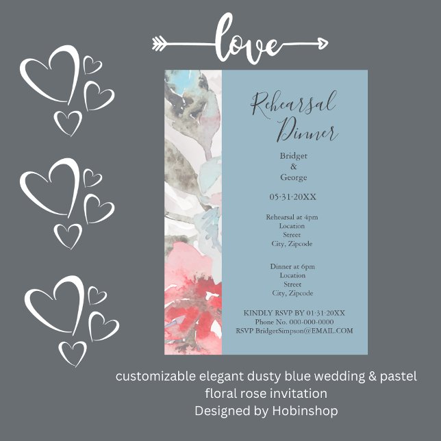 Invitation mariage bleu clair élégant et rose pastel à fleurs (ustomizable elegant dusty blue wedding & pastel floral rose invitation
Designed by Hobinshop)