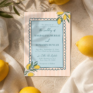 Invitation Mariage bleu côtier à rayures pêche citron italien