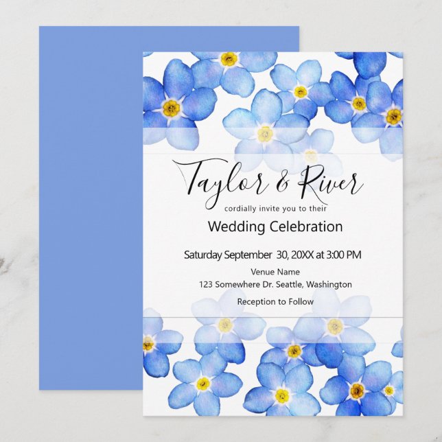 Invitation Mariage Bleu Country Forget-Me-Nots (Devant / Derrière)