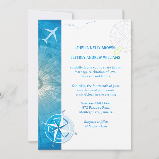 Invitation Mariage bleu de destination de voyage de fève (Devant)
