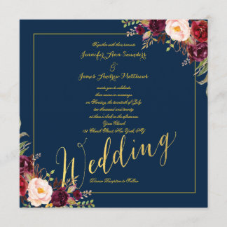 Invitation Mariage bleu de la marine britannique Floral Gold