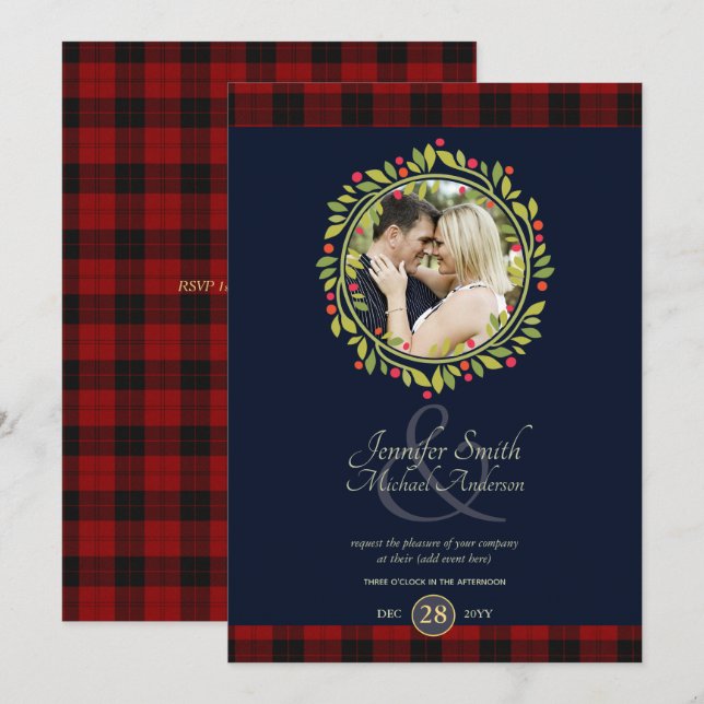 Invitation Mariage bleu de la marine de Noël PHOTO Buffalo Pl (Devant / Derrière)
