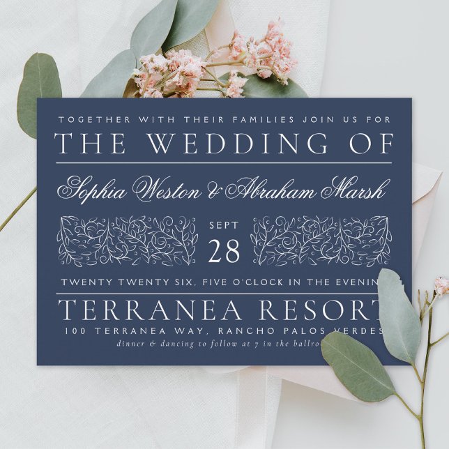 Invitation Mariage bleu de la marine Feuille (Créateur téléchargé)